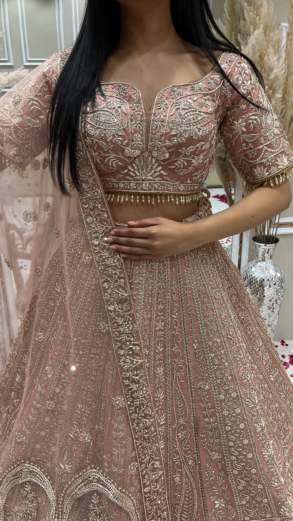Thumbnail: Bright Peach Bridal Zardosi Work Lehenga Set