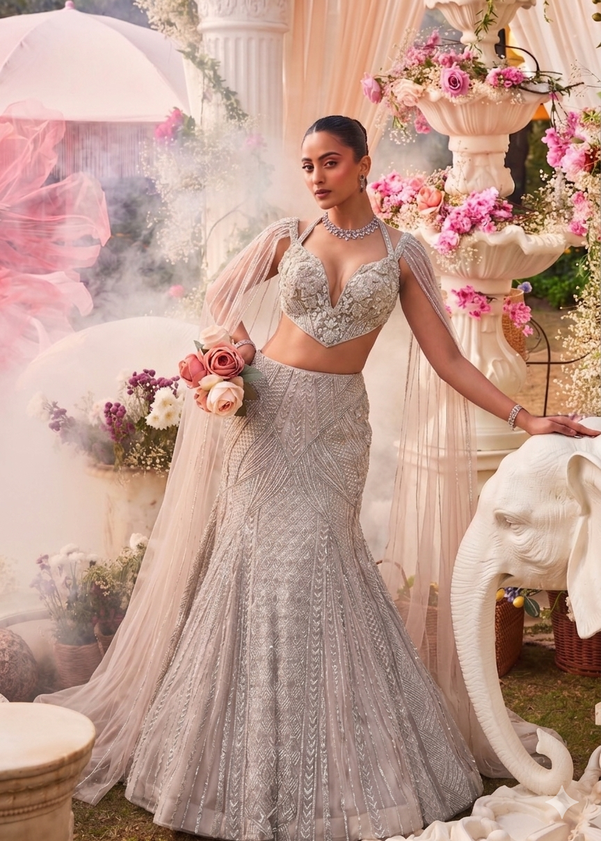 Grey Fish-Cut Lehenga with Silver Sequins and Bead Work
