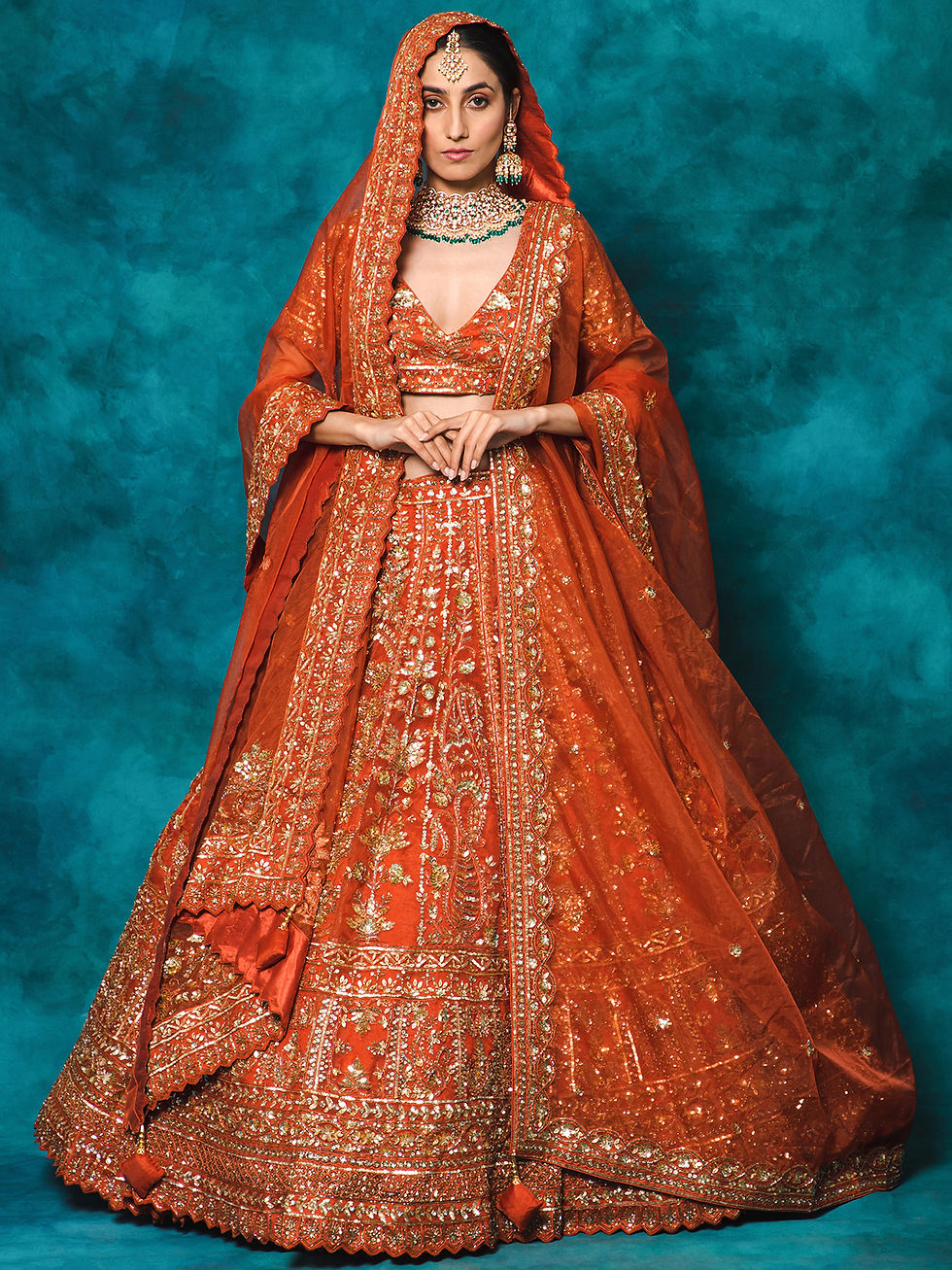 Thumbnail: Silky Bindra Orange Sequence Work Organza Lehenga Set