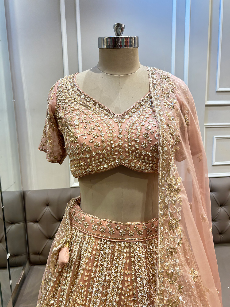 Thumbnail: Peach Sequins Organza Trendy Lehenga Choli