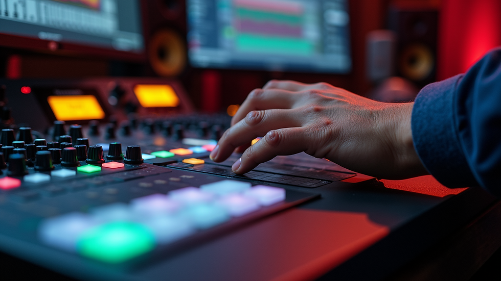 Eye-level view of a sound engineer adjusting audio levels