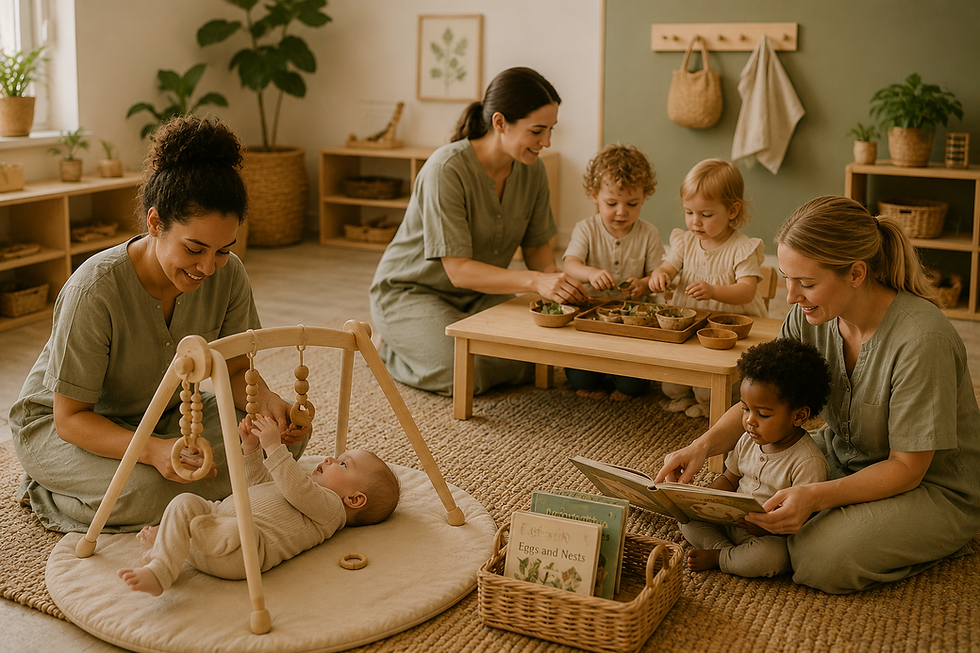 Early childhood educators playing with children in a classroom.