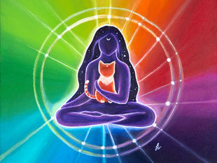 Multicolour, rainbow coloured soul painting by Lisa Stock, cat and woman with long hair silhouette