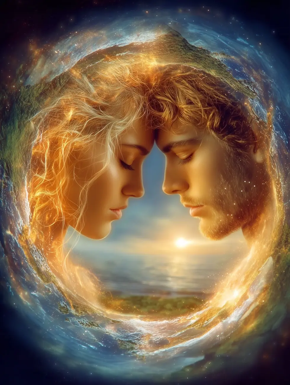 um casal de amantes com o sol a nascer no horizonte