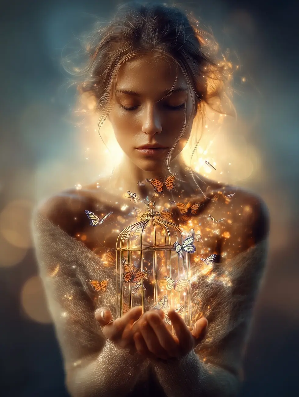 mulher com gaiola dourada com borboletas nas maos