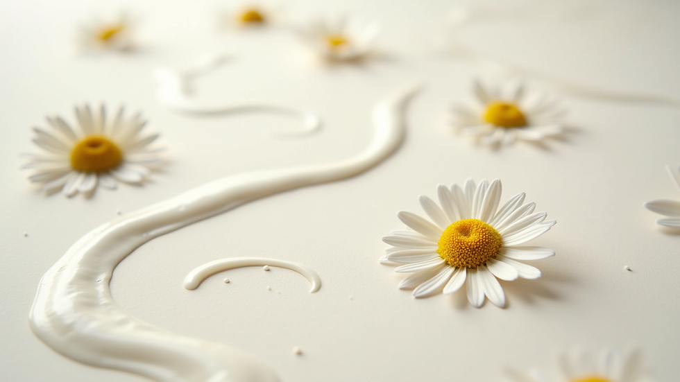 Eye-level view of a smooth cream texture on a white surface with chamomile flowers