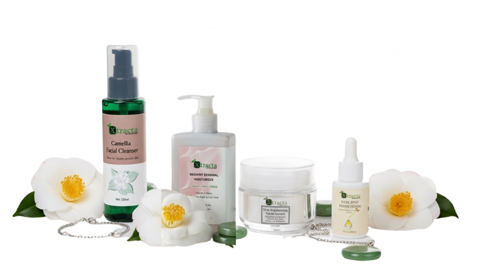 Eye-level view of skincare products arranged neatly on a wooden shelf