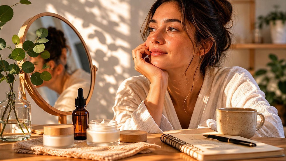 A woman pauses with a notebook and pen beside her skincare products, tea mug, and fresh greenery as sunlight fills the room. The image conveys mindful self-care, curiosity, and taking time to understand what her skin truly needs.