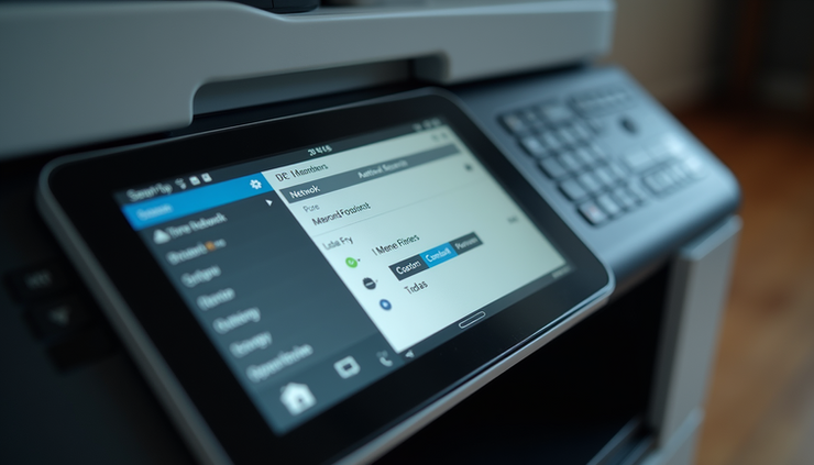 High-angle view of HP LaserJet Printer with touchscreen showing network settings menu
