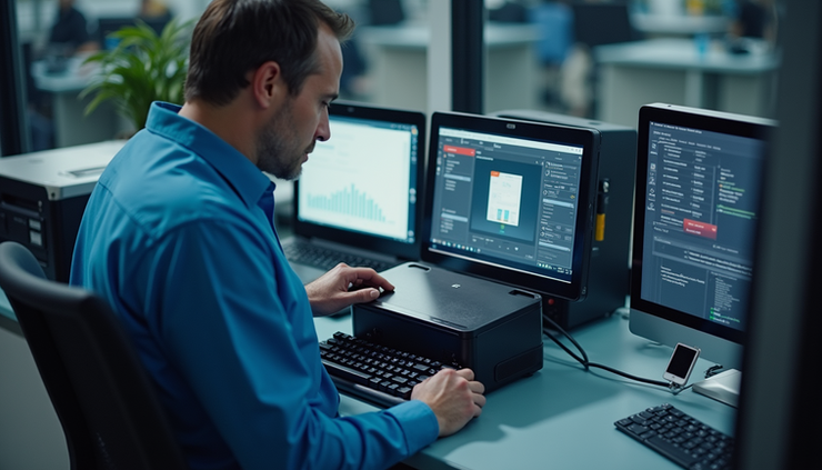 High angle view of a technician setting up a networked printer for automated management