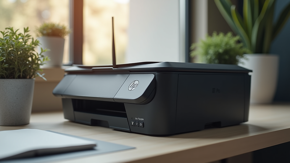 Close-up view of HP wireless printer on office desk