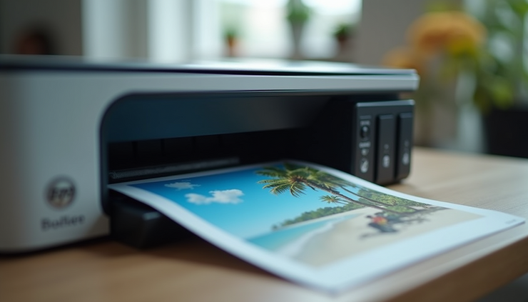 Eye-level view of a DeskJet printer printing a color document