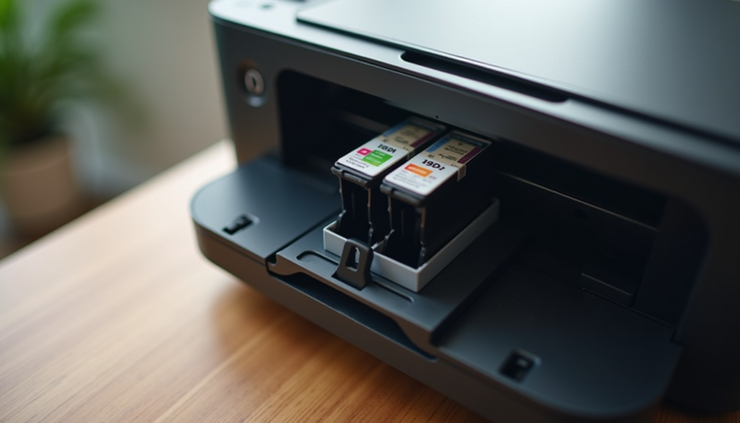 High angle view of DeskJet printer with open ink cartridge compartment
