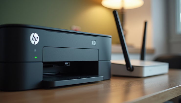 Eye-level view of HP printer placed near a Wi-Fi router with signal indicators