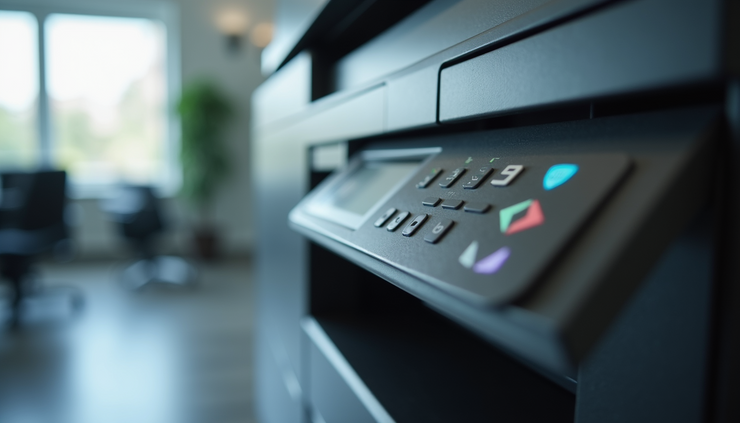 Close-up view of HP LaserJet printer front panel with control buttons