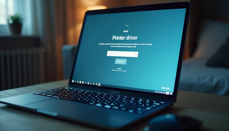 Eye-level view of a laptop screen showing printer driver update process
