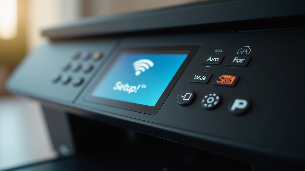 Eye-level view of wireless printer control panel showing Wi-Fi setup screen