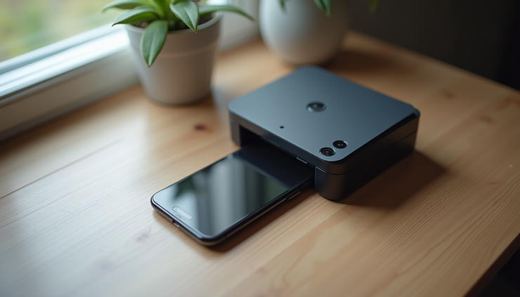 High angle view of a smartphone next to a wireless printer ready for mobile printing