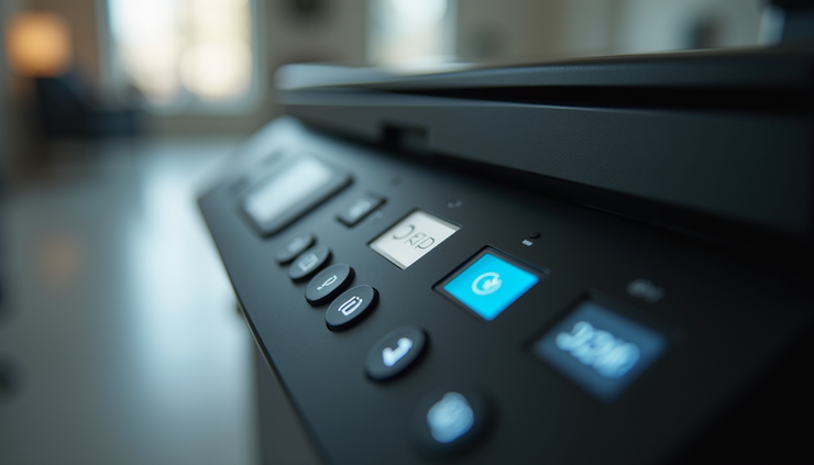 Close-up view of a DeskJet printer control panel with buttons and display