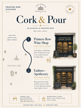 Illustrated Cork and Pour itinerary in Printers Row with Printers Row Wine Shop and BYOB candle-making at Embers and Apothecary in Chicago.