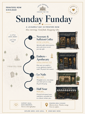 Illustrated Sunday Funday itinerary in Printers Row with Necessary and Sufficient Coffee, Embers and Apothecary candle-making studio, Lo Nails, and Half Sour.