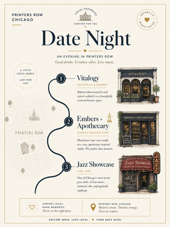 Illustrated Date Night in Printers Row itinerary with stops at Vitalogy, Embers and Apothecary candle-making studio, and Jazz Showcase in Chicago.