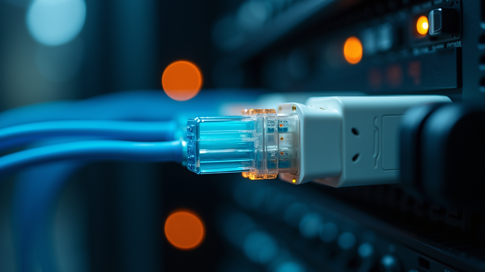 Close-up view of a fibre-optic cable connection in a server room