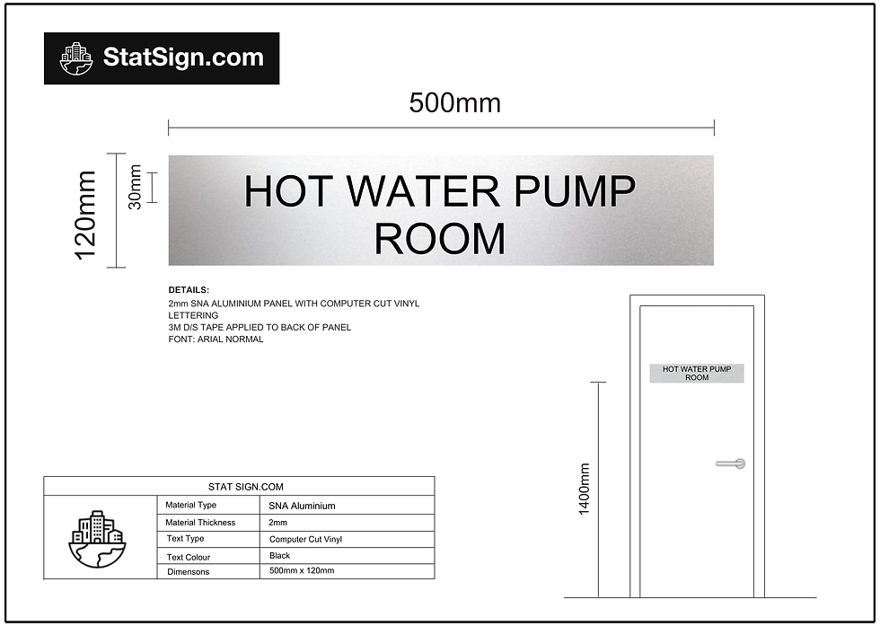Thumbnail: SNA aluminium Hot Water Pump Room statutory sign with engraved paint filled lettering, BCA compliant safety signage for comme