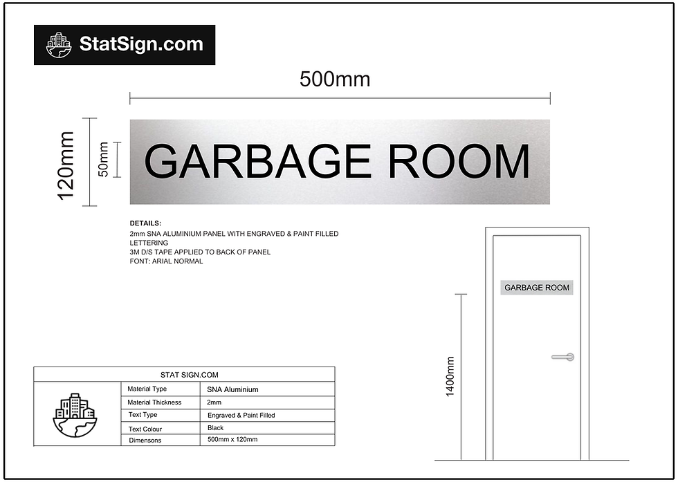 SNA aluminium Garbage Room statutory sign with engraved paint filled lettering, BCA compliant building safety signage for com