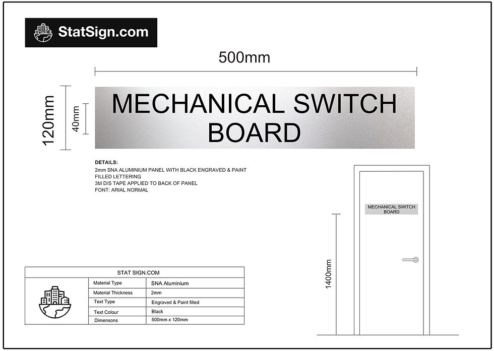 Mechanical Switch Board statutory signage, BCA compliant, aluminium or stainless steel