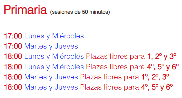 Horarios de inglés de Primaria GutBer English Coruña 2025-26