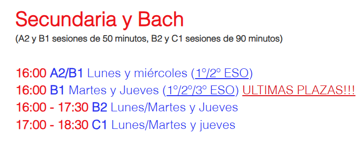 Horarios de inglés de Secundaria, ESO y Bachillerato GutBer English Coruña 2025-26