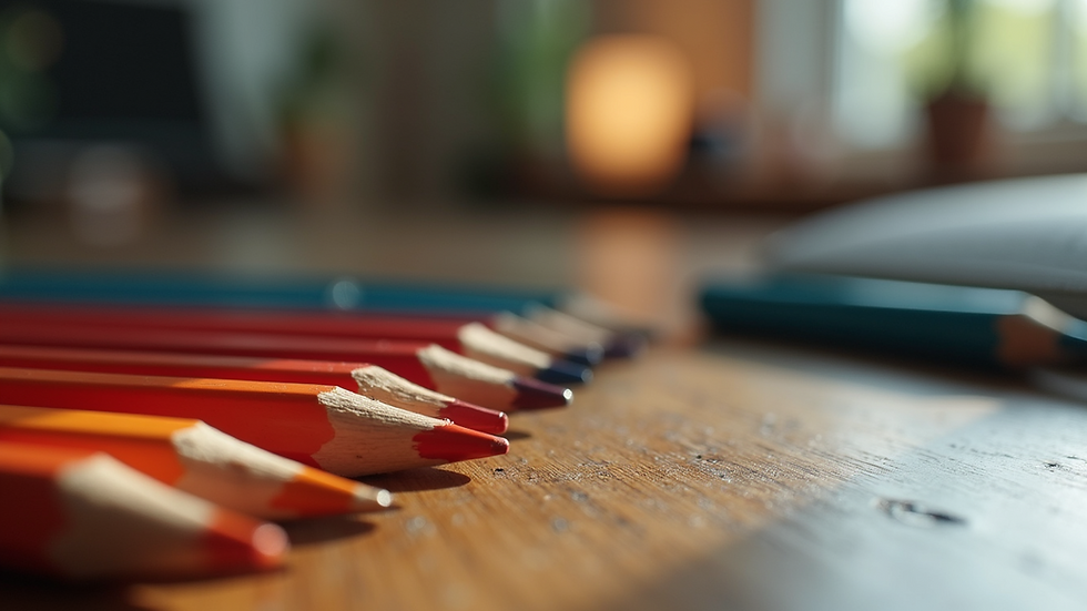Eye-level view of assorted Staedtler pencils arranged on a wooden table