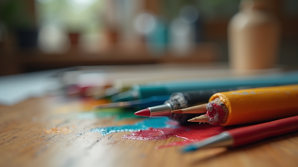 Close-up view of acrylic paint tubes and brushes on a wooden table