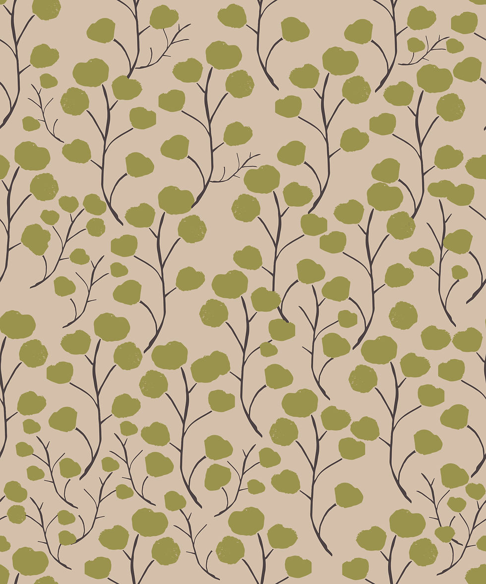 Botanical surface pattern of olive green coin-shaped leaves on thin brown stems over a beige background.