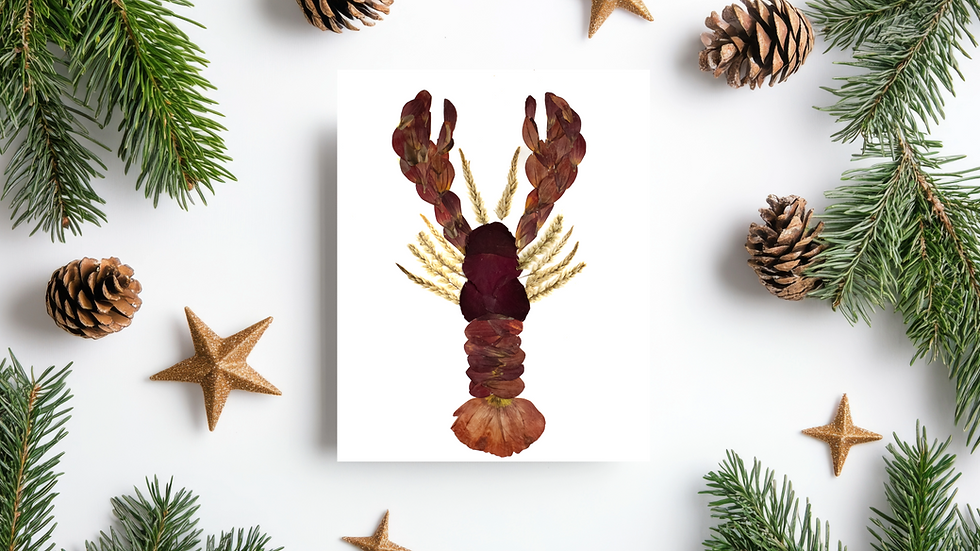 Pressed-flower lobster greeting card featuring red petals arranged into a bold coastal design.