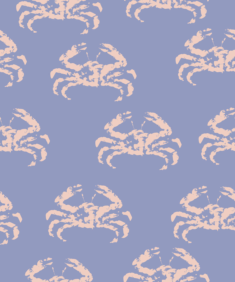 Coastal pattern featuring textured pink crabs arranged in a repeating layout over a lavender-blue background.
