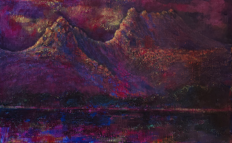 Cradle Mountain in stunning purple and mauve hues and gold topped by Beverley Skurulis