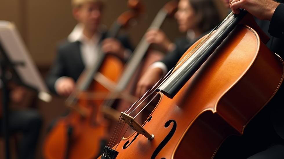 Close-up view of a cello with a blurred digital concert background