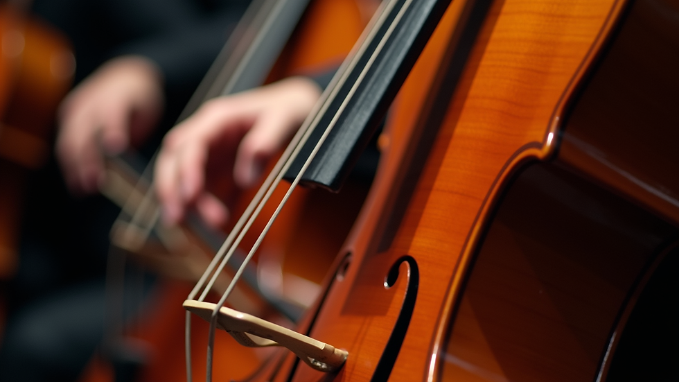 Close-up view of a cello with a bow during a live performance