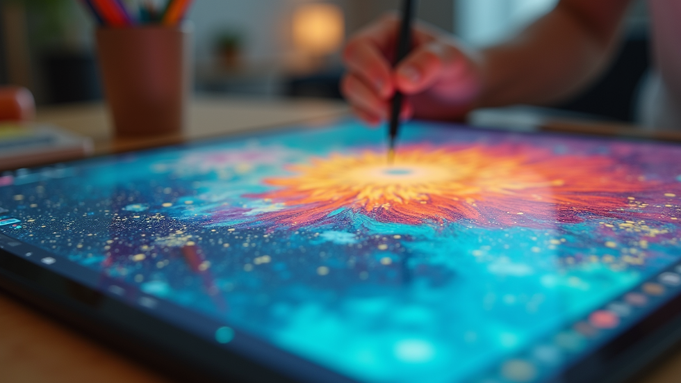 Close-up view of a digital drawing tablet with a colorful artwork in progress