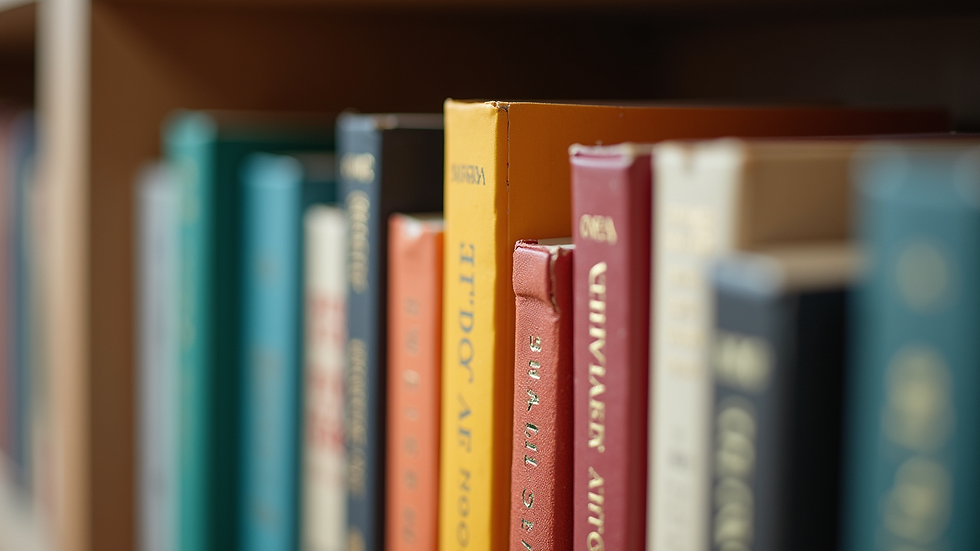 Close-up view of a colorful bookshelf filled with various books