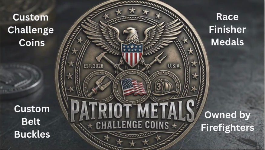 Wide landscape image of a detailed Patriot Metals challenge coin on a dark metal surface