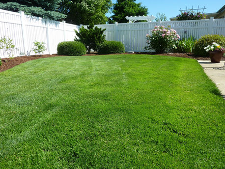 green lush grass with mulch and flower pots