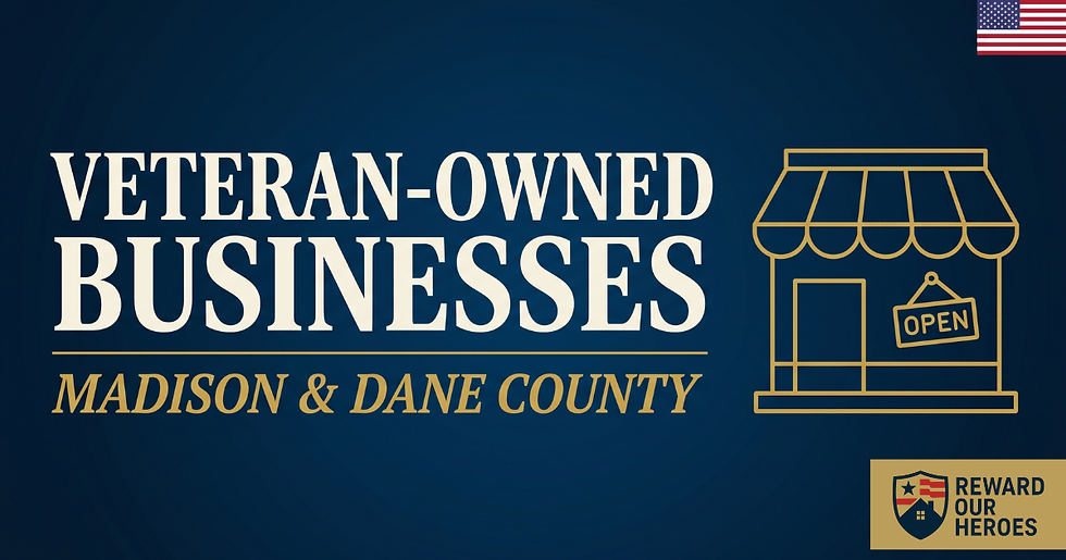 Graphic for "Veteran-Owned Businesses in Madison & Dane County" with patriotic storefront illustration