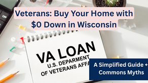 Notebook with “VA Loan U.S. Department of Veterans Affairs” text, surrounded by office supplies, with overlay text reading “Veterans: Buy Your Home with $0 Down in Wisconsin – A Simplified Guide + Common Myths.