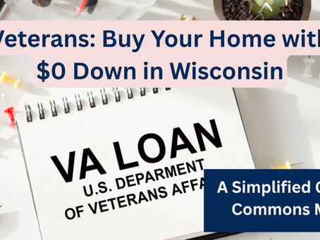 Notebook with “VA Loan U.S. Department of Veterans Affairs” text, surrounded by office supplies, with overlay text reading “Veterans: Buy Your Home with $0 Down in Wisconsin – A Simplified Guide + Common Myths.