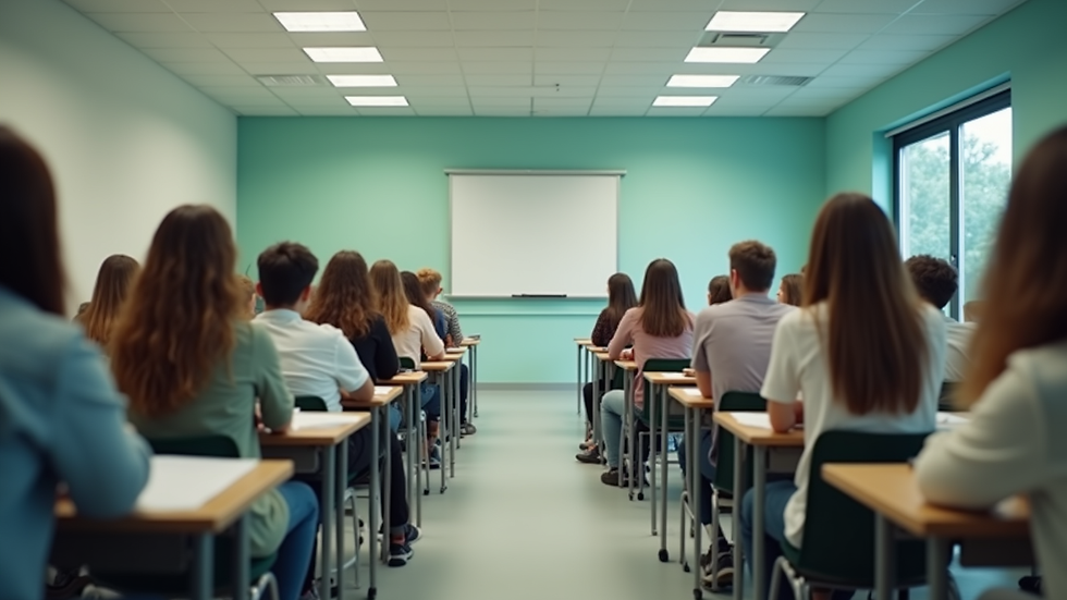 Vue en plongée d’une salle de classe avec des adolescents en cours de langue