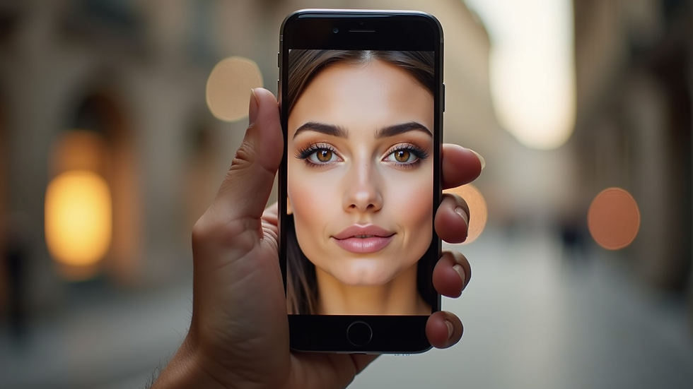 Eye-level view of a smartphone showing virtual makeup try-on