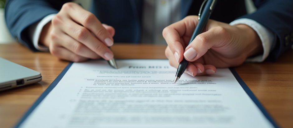 A person reviewing and signing a property deed document at a real estate closing.